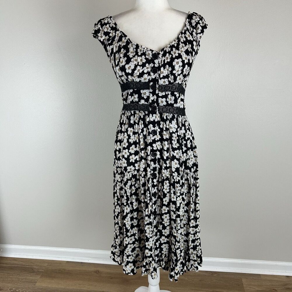 Angie M Daisy Dress Midi Button Front Peasant Prairie Cottagecore Floral Black
